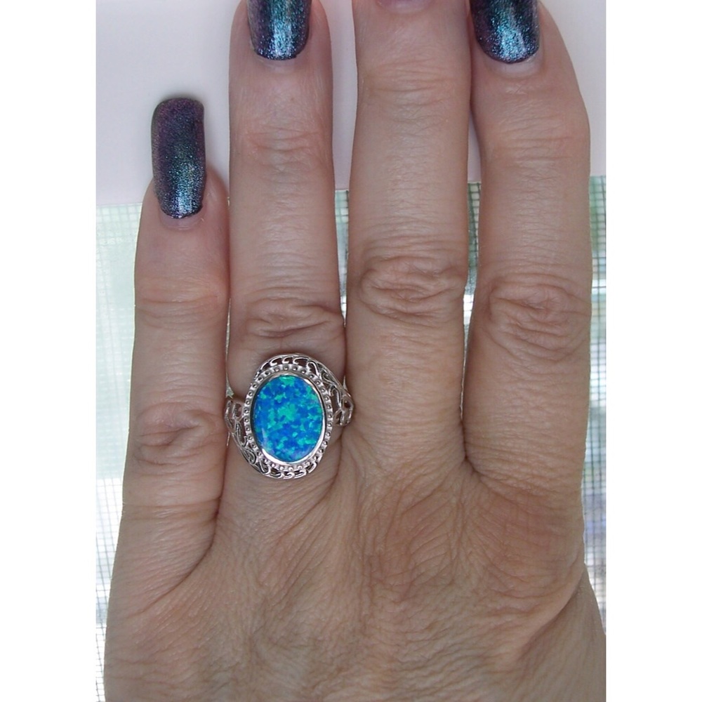 925 STERLING SILVER Lab Created Blue Fire Opal Ring - Picture 4 of 16